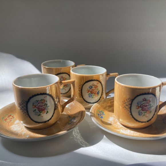 Japanese Orange Porcelain Lustreware 4 Demitasse Cups & 2 Saucers, 1940's - Picture 5 of 13